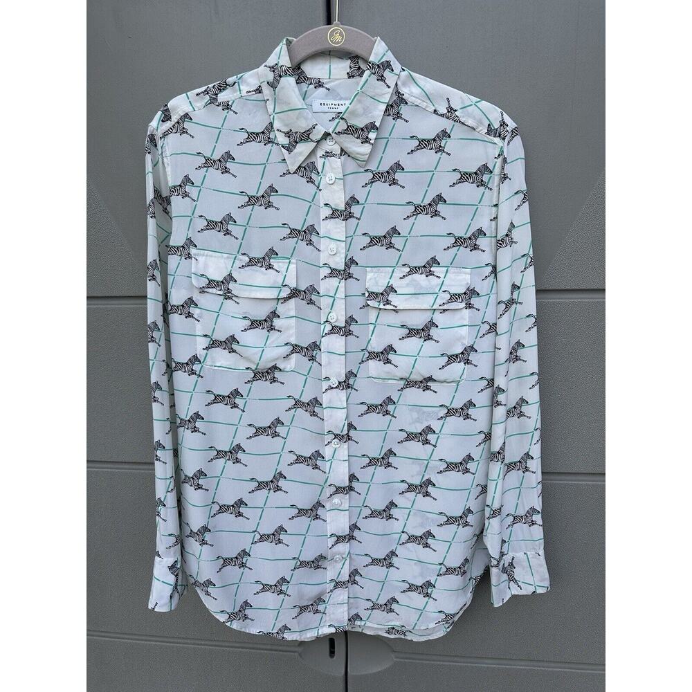 EQUIPMENT 100% Silk Grid Gallop Zebra Print Long-Sleeved Button Up Shirt Sz XS